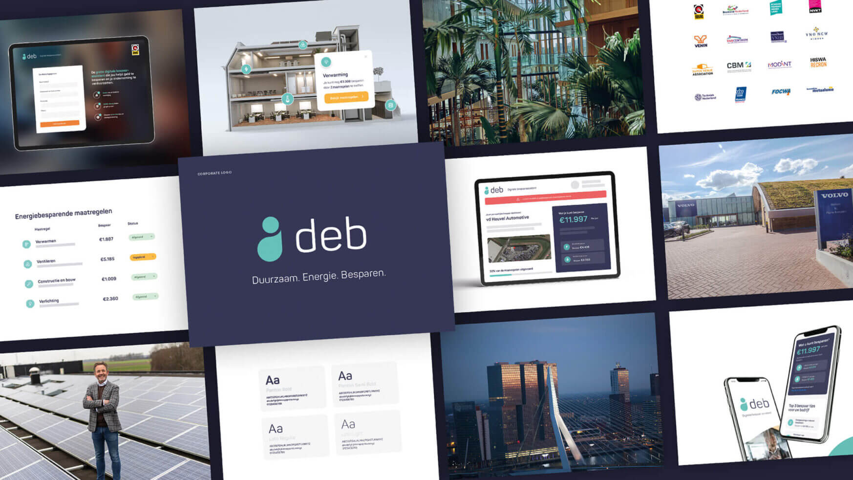 Collage van energiebeelden, technische interfaces en stadsgezichten met deb. Duurzaam. Energie. Besparen. logo & tekst.