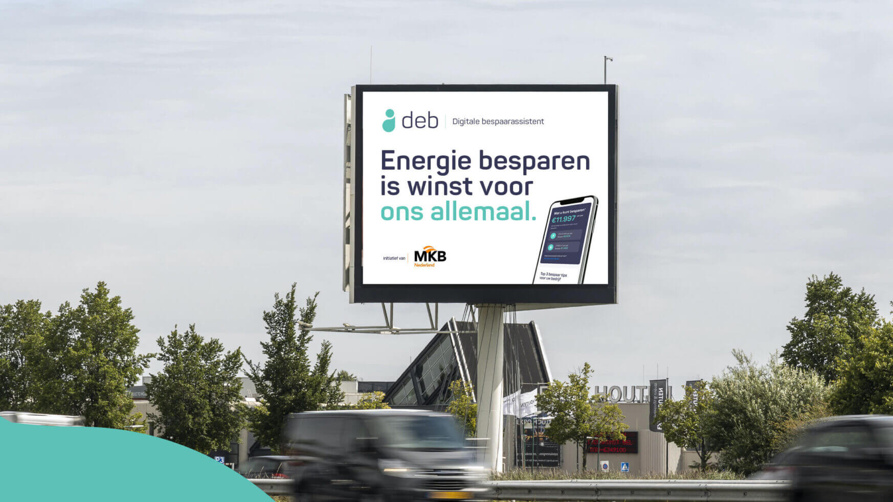 Reclamebord langs de snelweg: "Bespaar energie, win samen!.