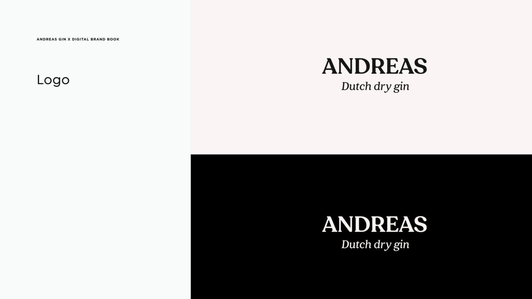 ANDREAS Dutch Dry Gin Logo: Lichte achtergrond met zwarte tekst, donkere achtergrond met witte tekst.