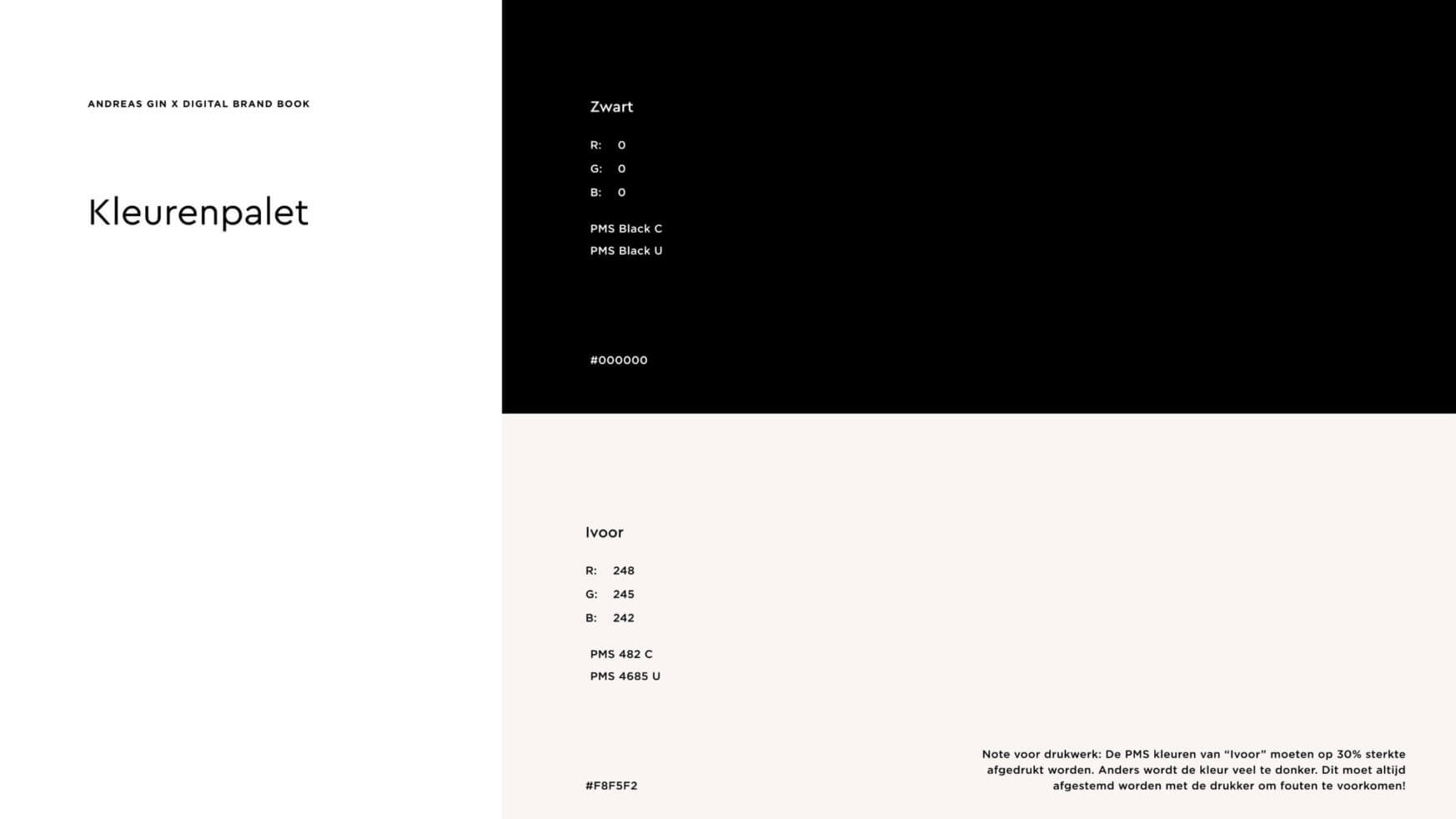Kleurenpalet van het merk: zwart- en ivoortinten met codes.
