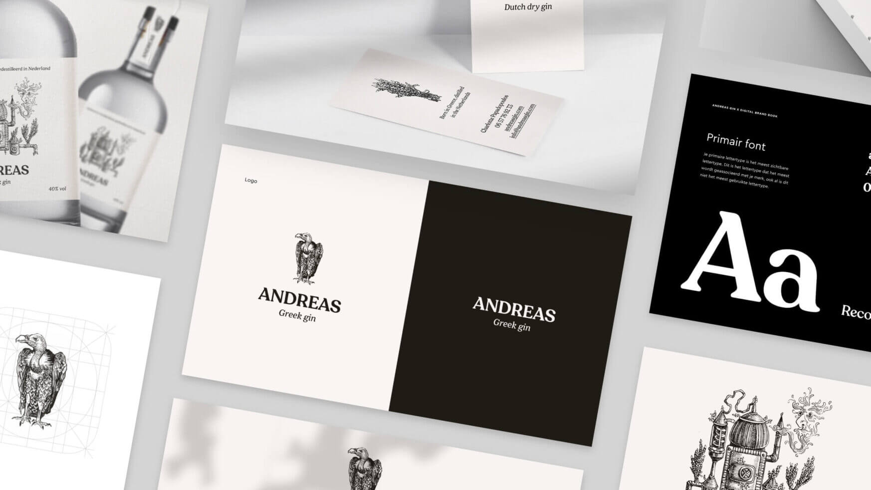 Flat lay-out van de branding van Andreas Greek Gin: logo's, lettertypen en flesontwerpen.
