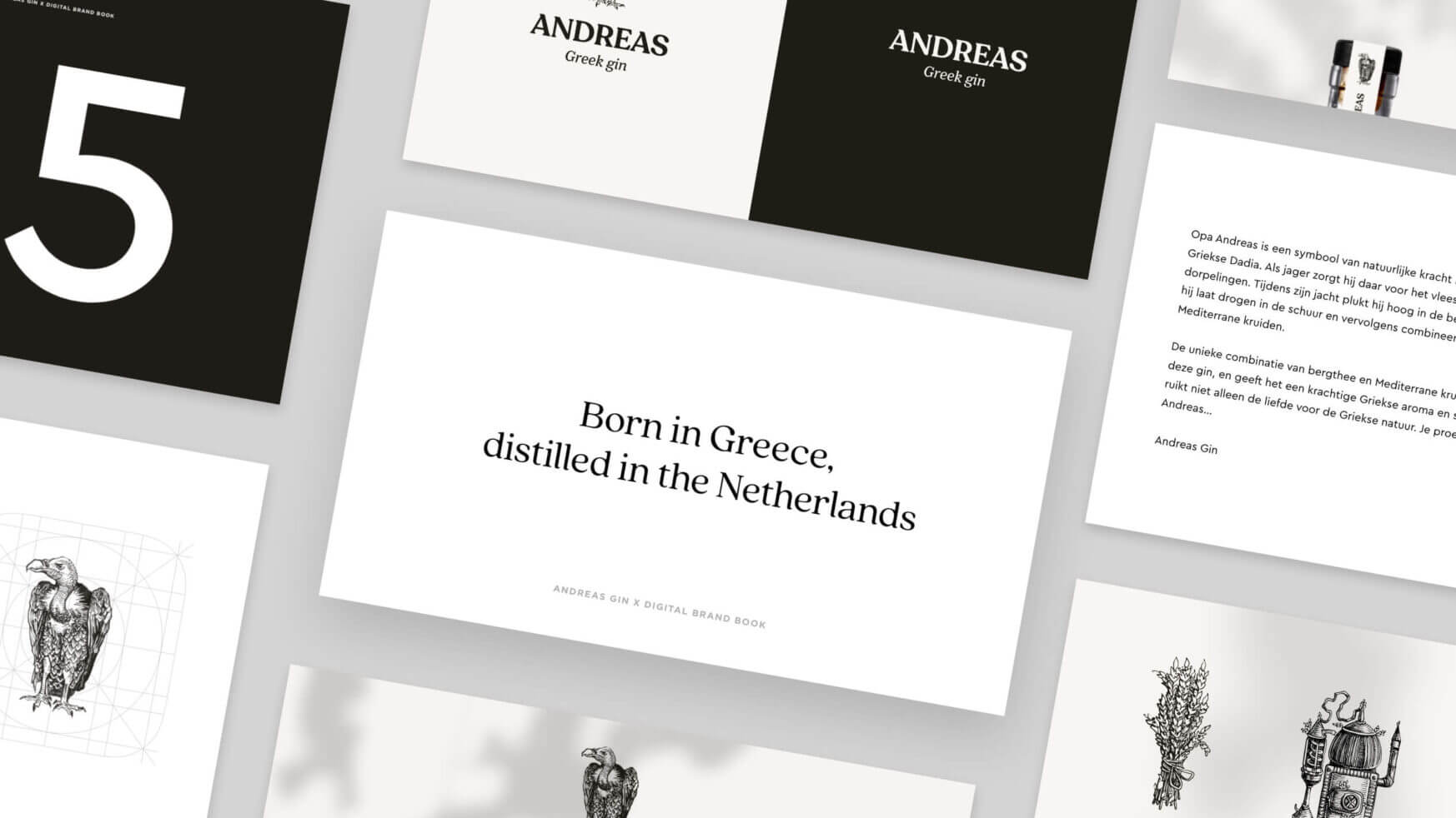 Digitaal merkboek: "Geboren in Griekenland, gedistilleerd in Nederland" met frisse designelementen.