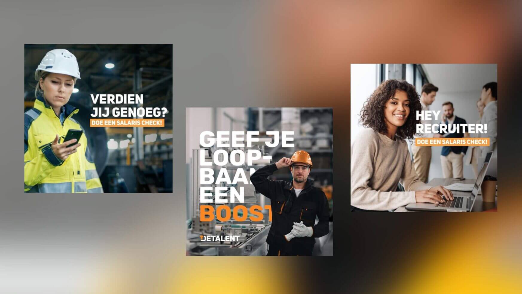 Drie advertenties met werknemers met Nederlandse teksten op salarisstrookjes.