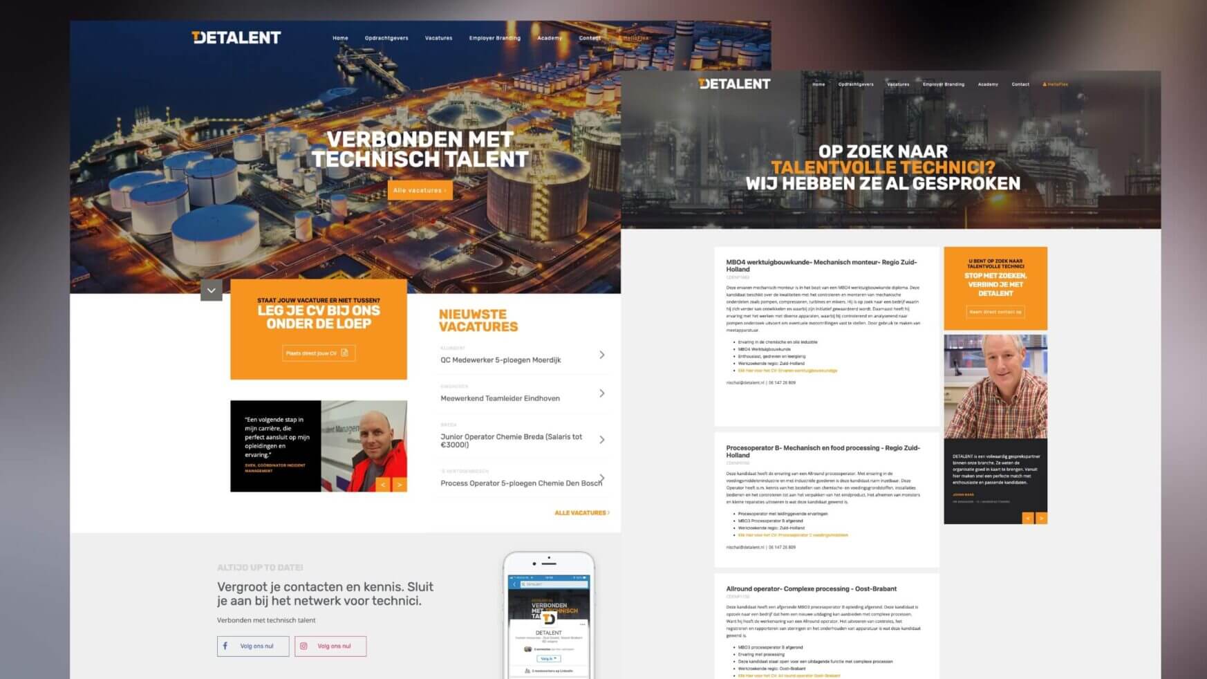 Nederlandse site met een industrieel thema, met vacatures en informatie over het zoeken naar talent, gemarkeerd in oranje.