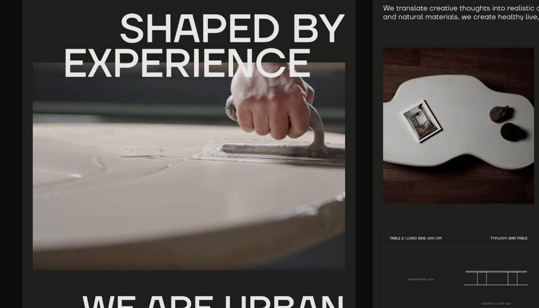 Website toont handgemaakt aardewerk. Vetgedrukte tekst: "Gevormd door ervaring. Wij zijn stedelijke creativiteit.