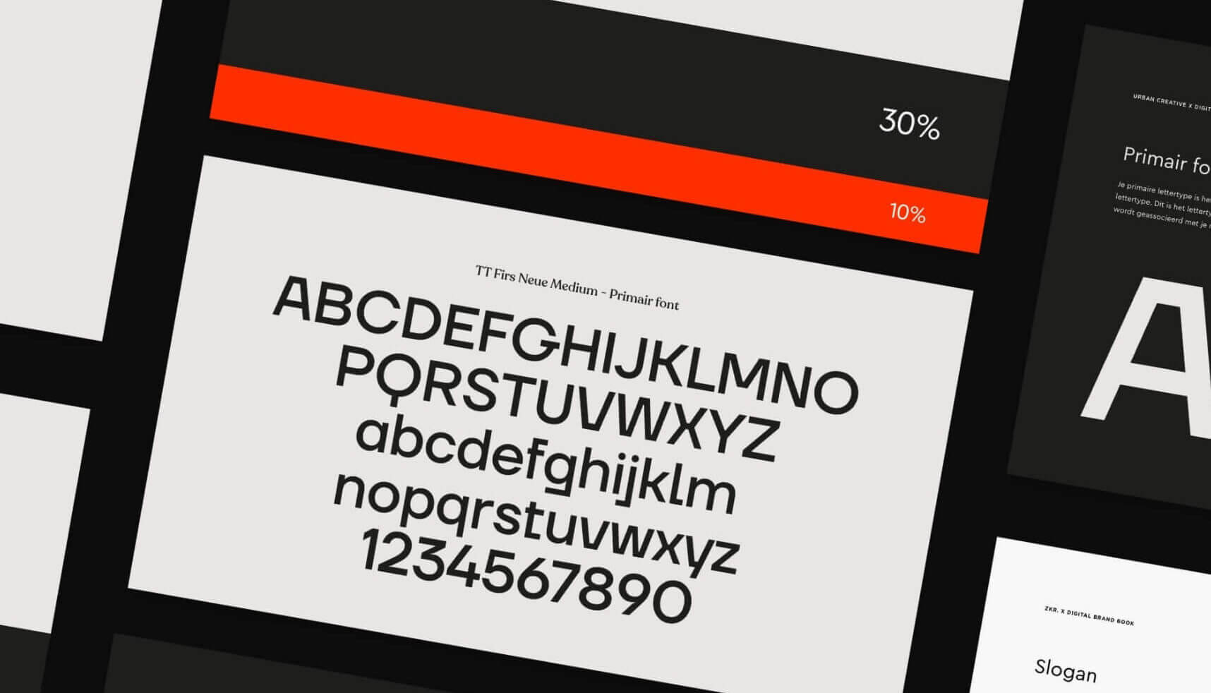 Typografische voorbeelden met percentages, met markering van moderne lettertypen: hoofdletters, kleine letters en cijfers.