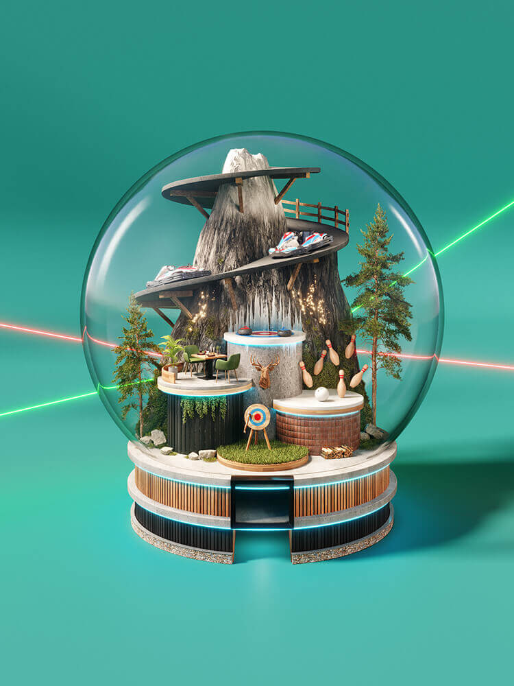 Een mini-koepeltafereel met een berg, een waterval, kleine bomen en een pad vol sneakers.