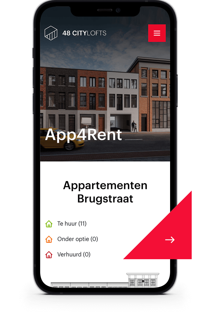 Vastgoedapp op telefoon toont appartementenaanbod in de Brugstraat.