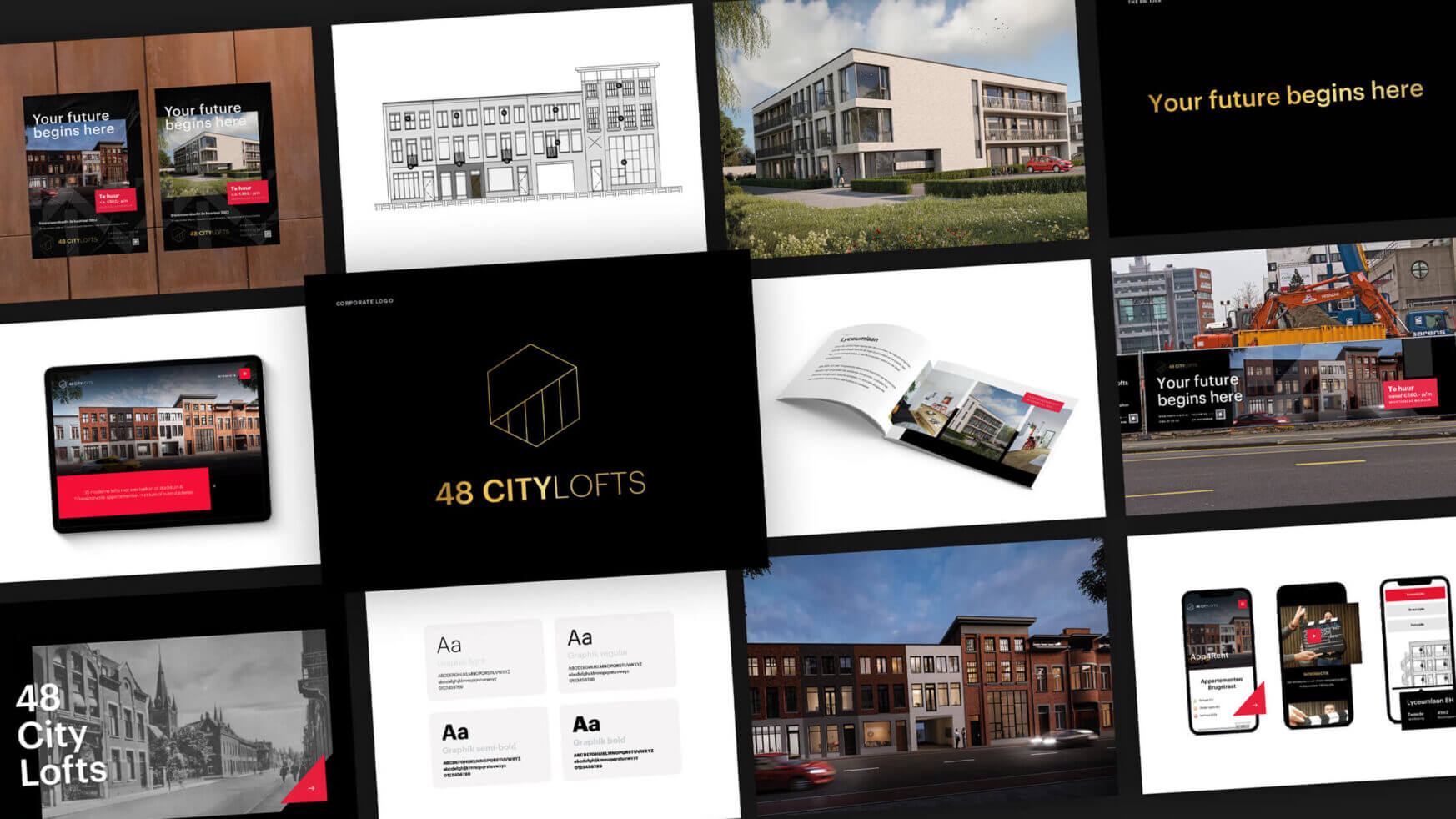 Collage met 48 City Lofts-branding, ontwerpen en promoties.