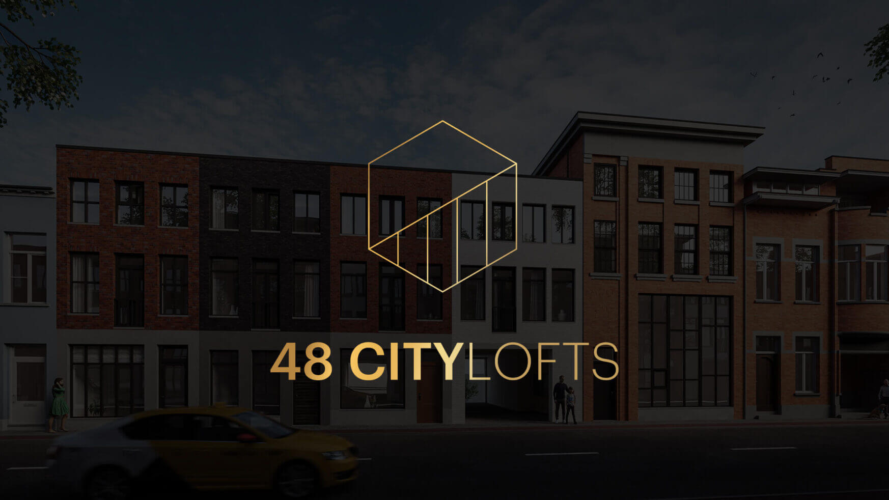 Nachtelijk stadsgezicht met moderne gebouwen en het logo van 48 CITY LOFTS in beeld.