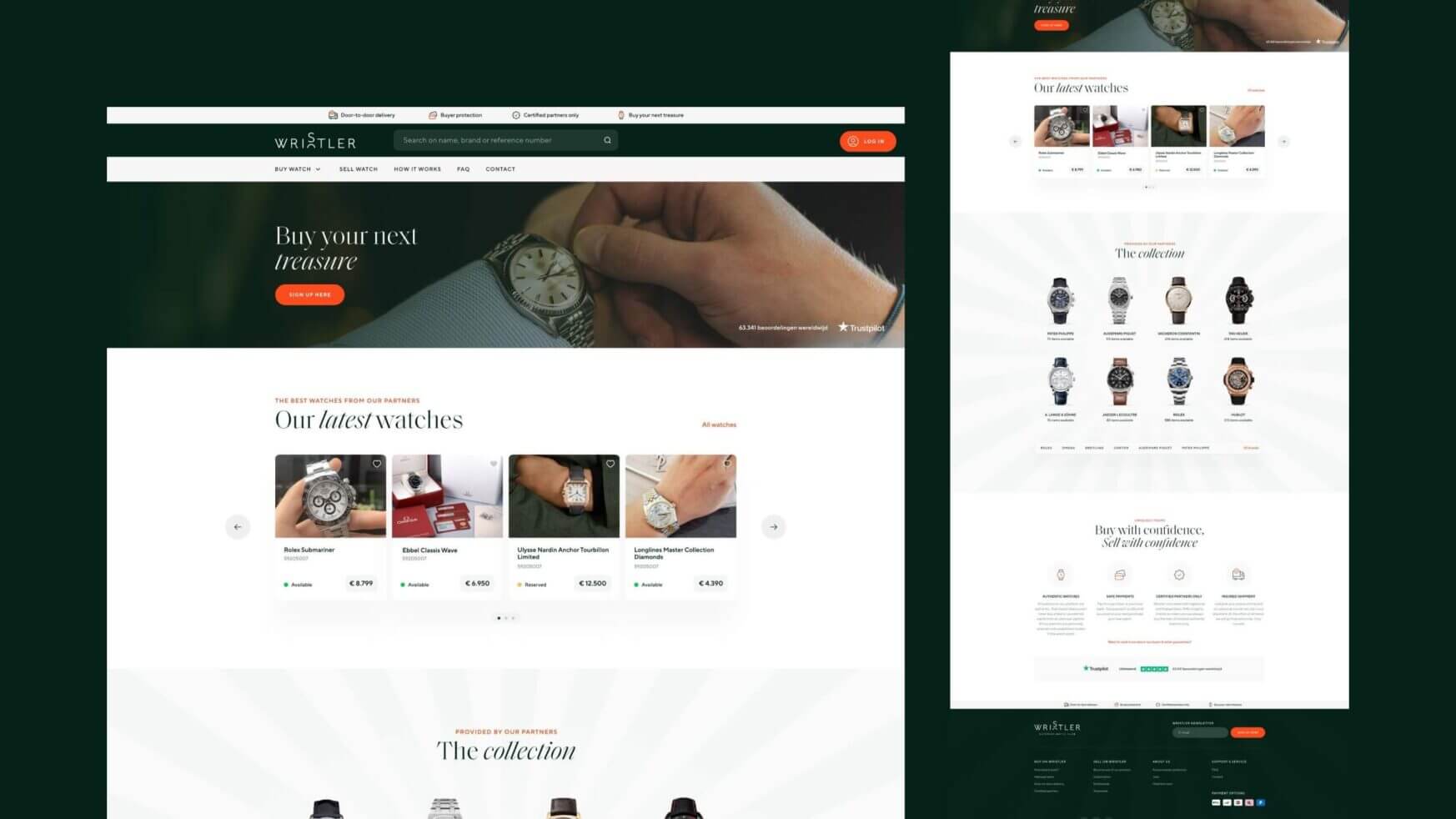 Mockup van een e-store voor luxe horloges: bekijk strakke productafbeeldingen en prijzen.