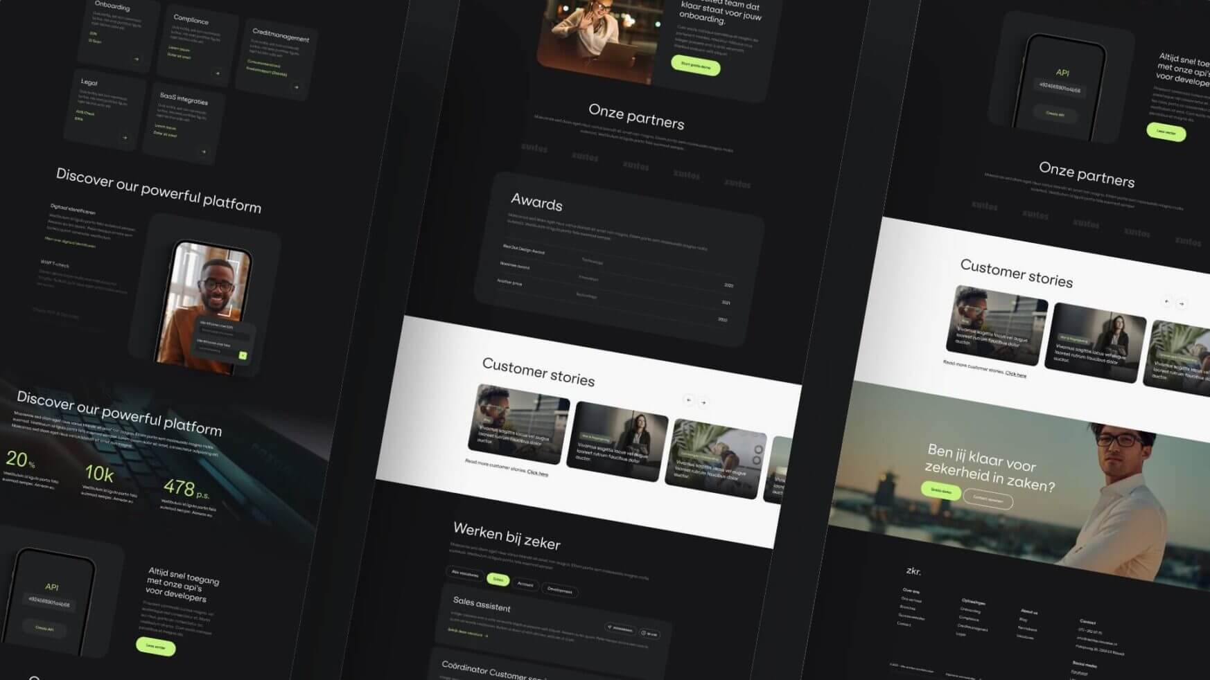 Drie darkwebontwerpen met groene accenten die klantverhalen en prijzen laten zien.