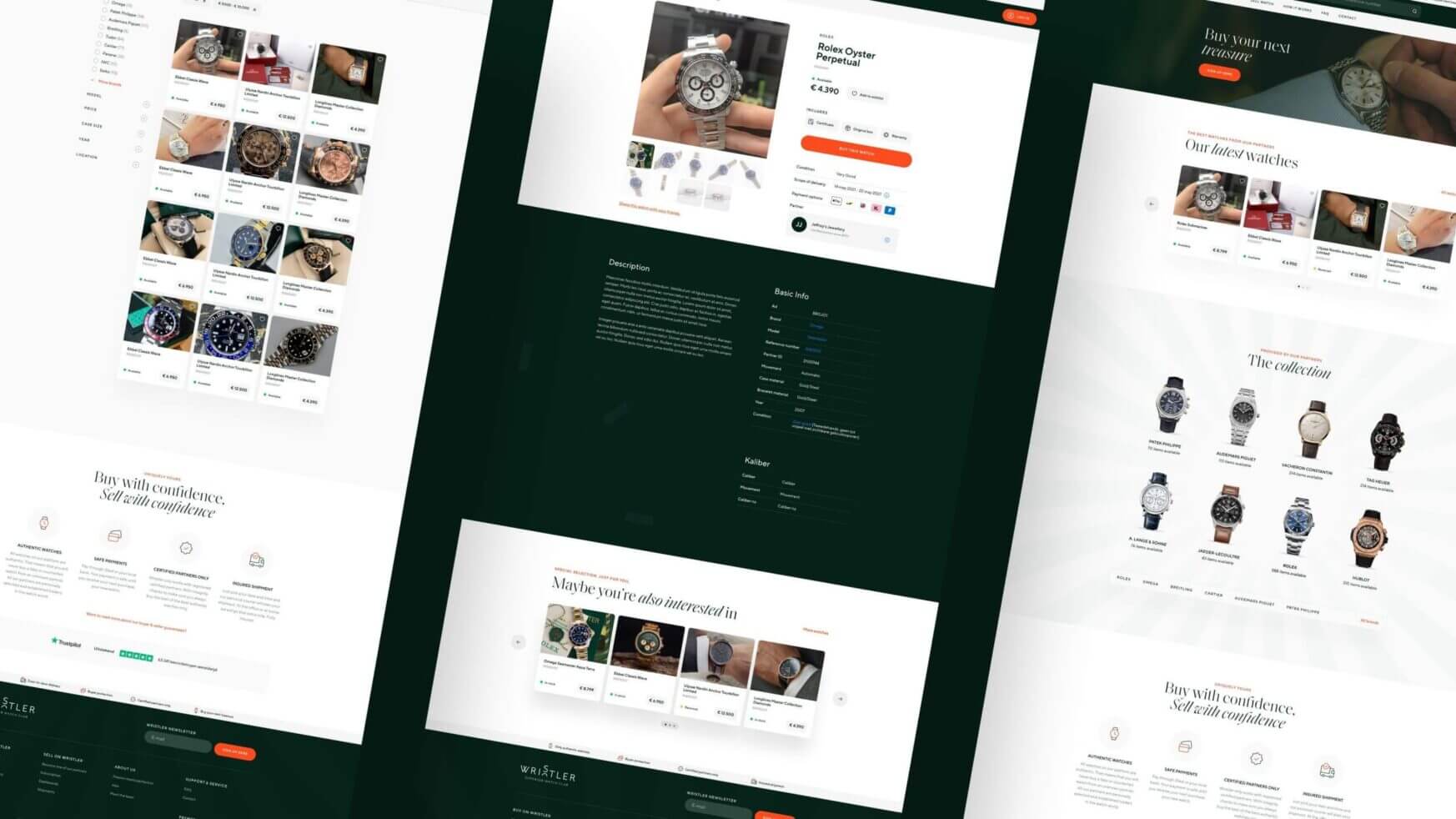 Drie webpagina's met informatie over polshorloges, prijzen, aankoopopties en authenticatie.