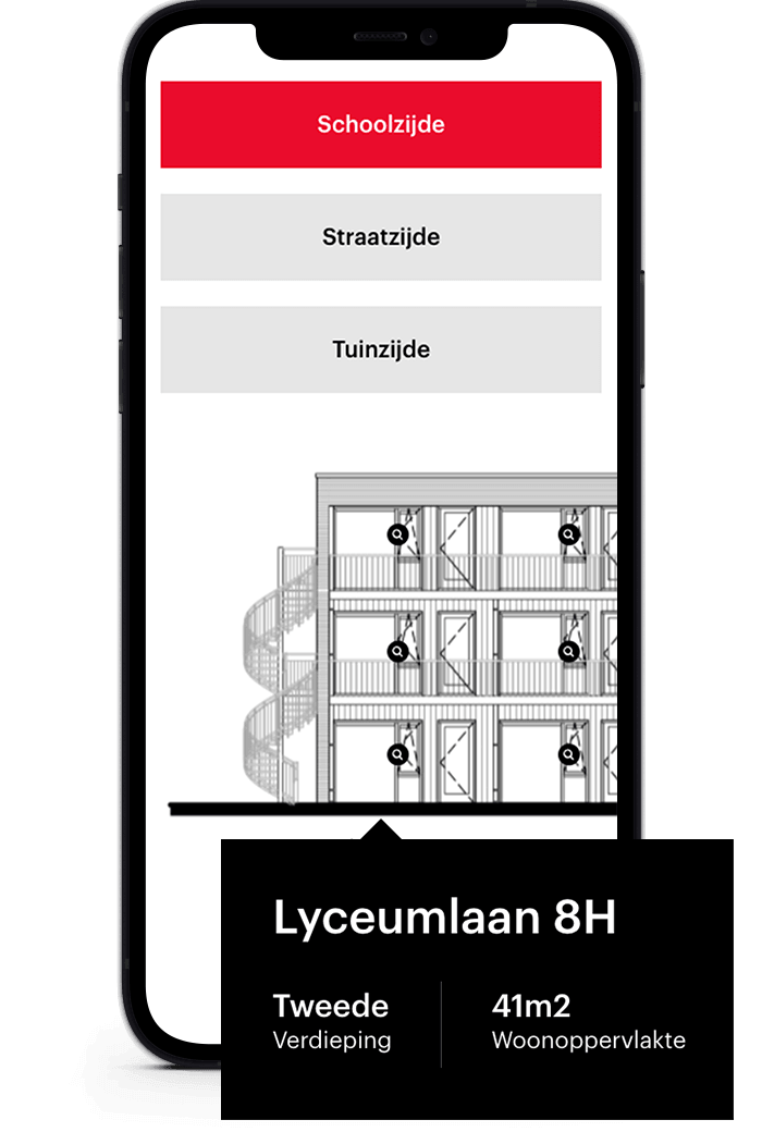 Smartphone toont plattegrond: Lyceumlaan 8H, 2e verdieping, 41m² woonoppervlakte.