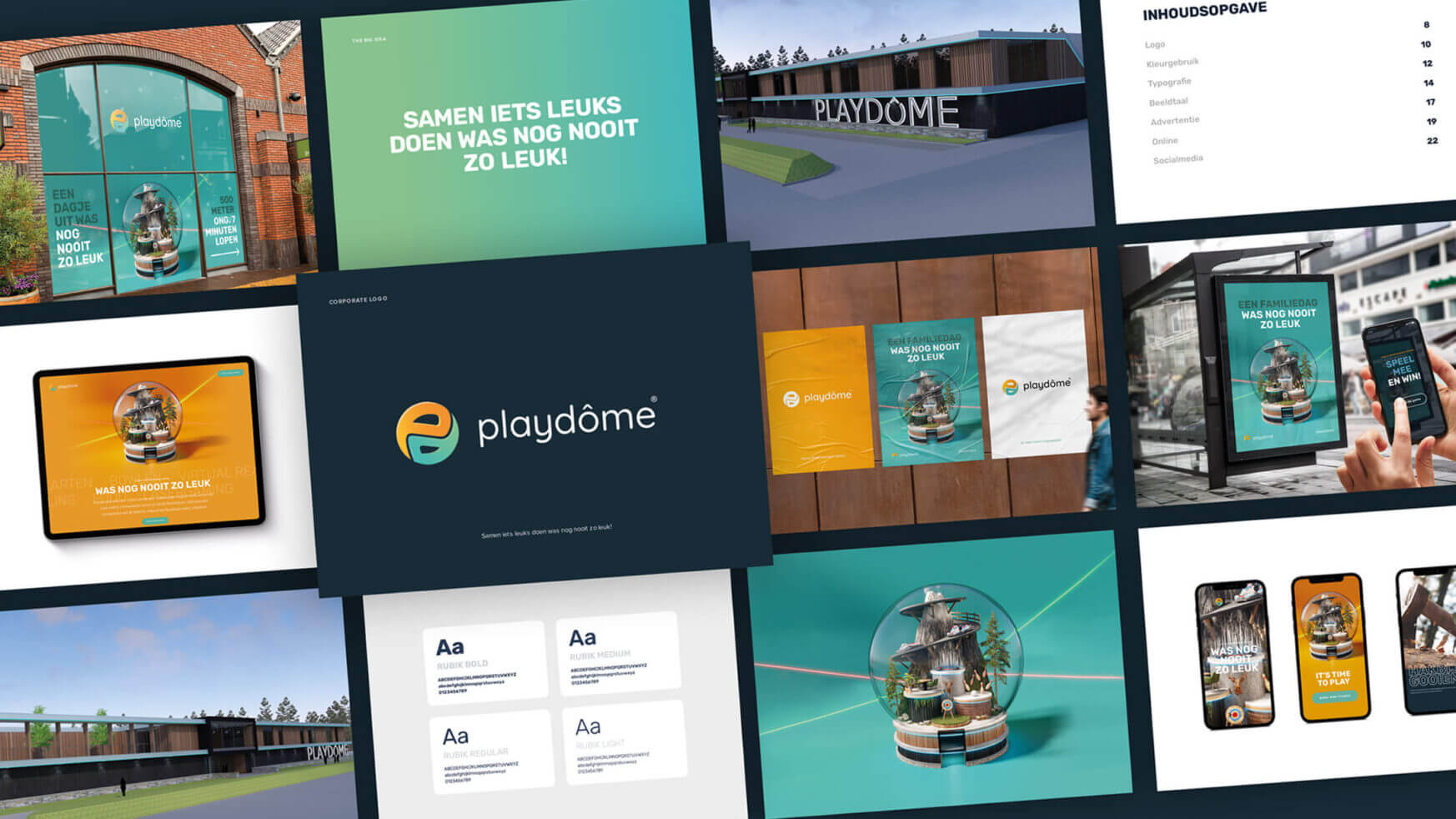 Collage met Playdôme-logo's, schermen, posters en gevels van gebouwen.