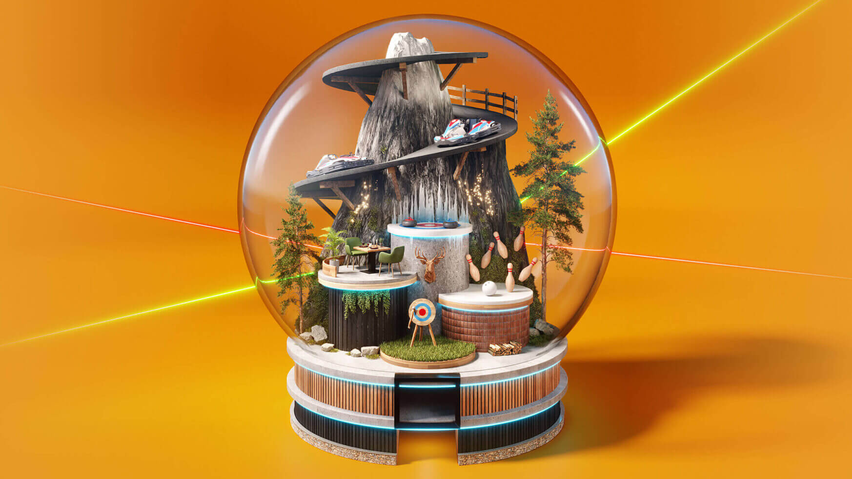 Een miniwereld in een sneeuwbol: water, bomen en kleine figuurtjes tegen een oranje achtergrond.