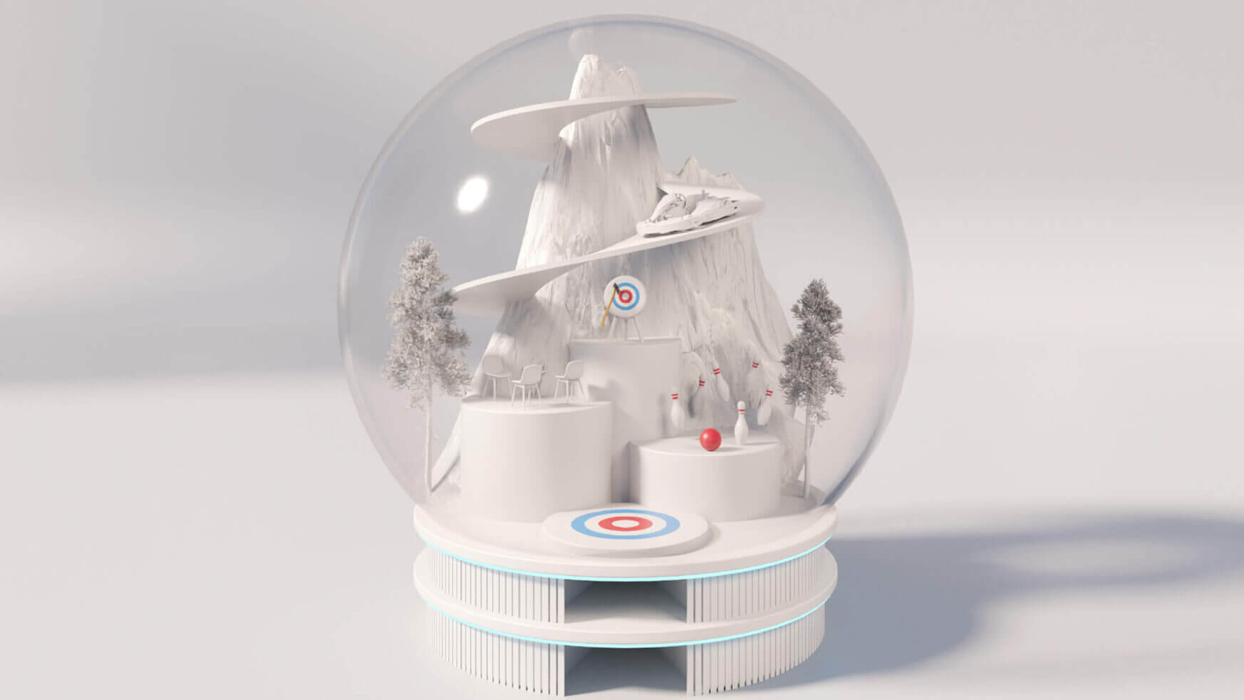 Sneeuwbol: winters tafereel met bergen, spiraalvormig pad, bomen en rode cirkels op platformen.