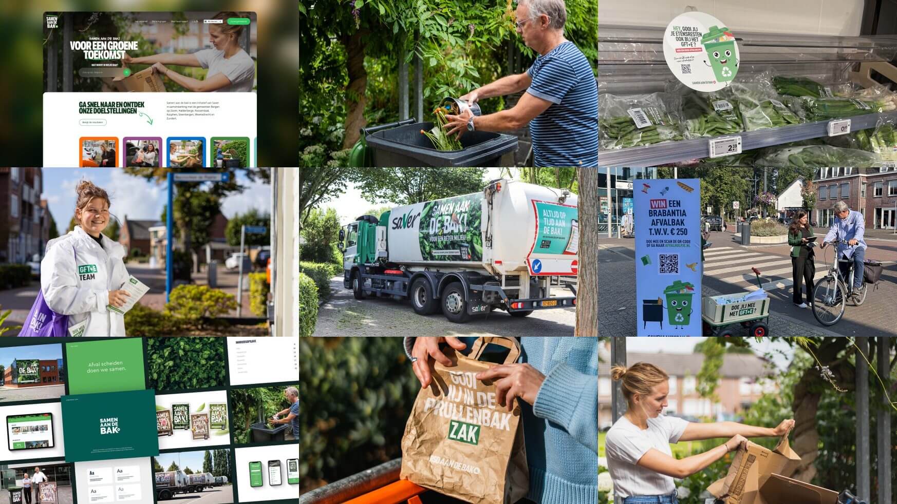 Collage van mensen die etensresten recyclen, groene bakken, vuilniswagen en compost-app van RSD aan de bak! initiatief.