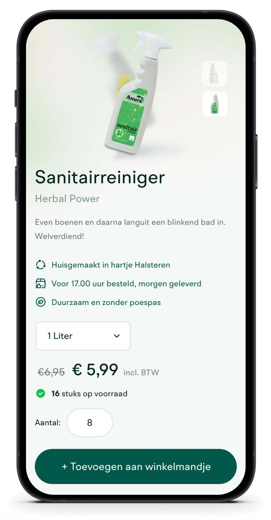 Groene Sanitairreiniger-advertentie op smartphone; bevat informatie over schoonmaakproducten en aankoopinformatie.