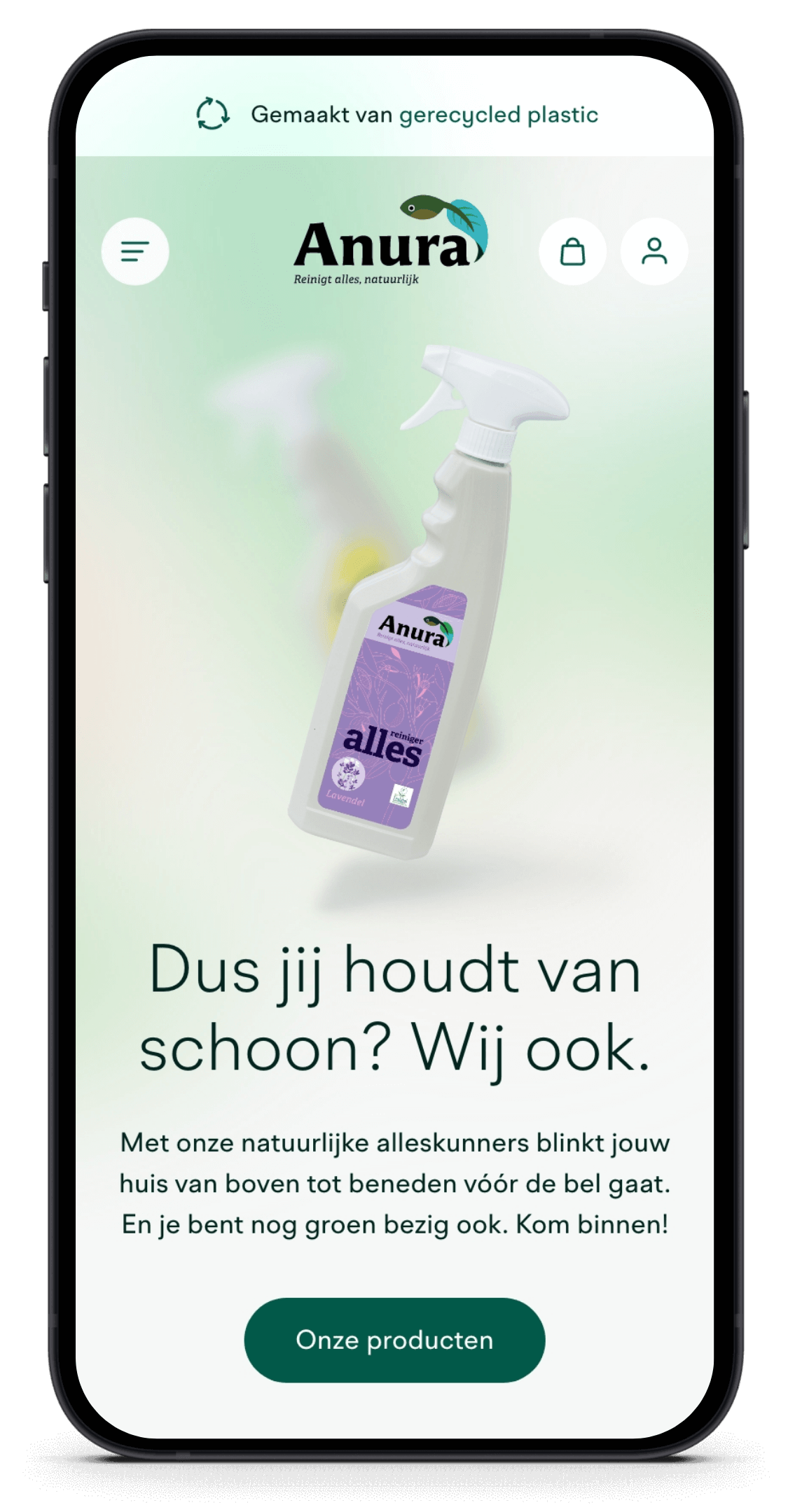 Smartphone toont Anura milieuvriendelijke reinigingsspray.