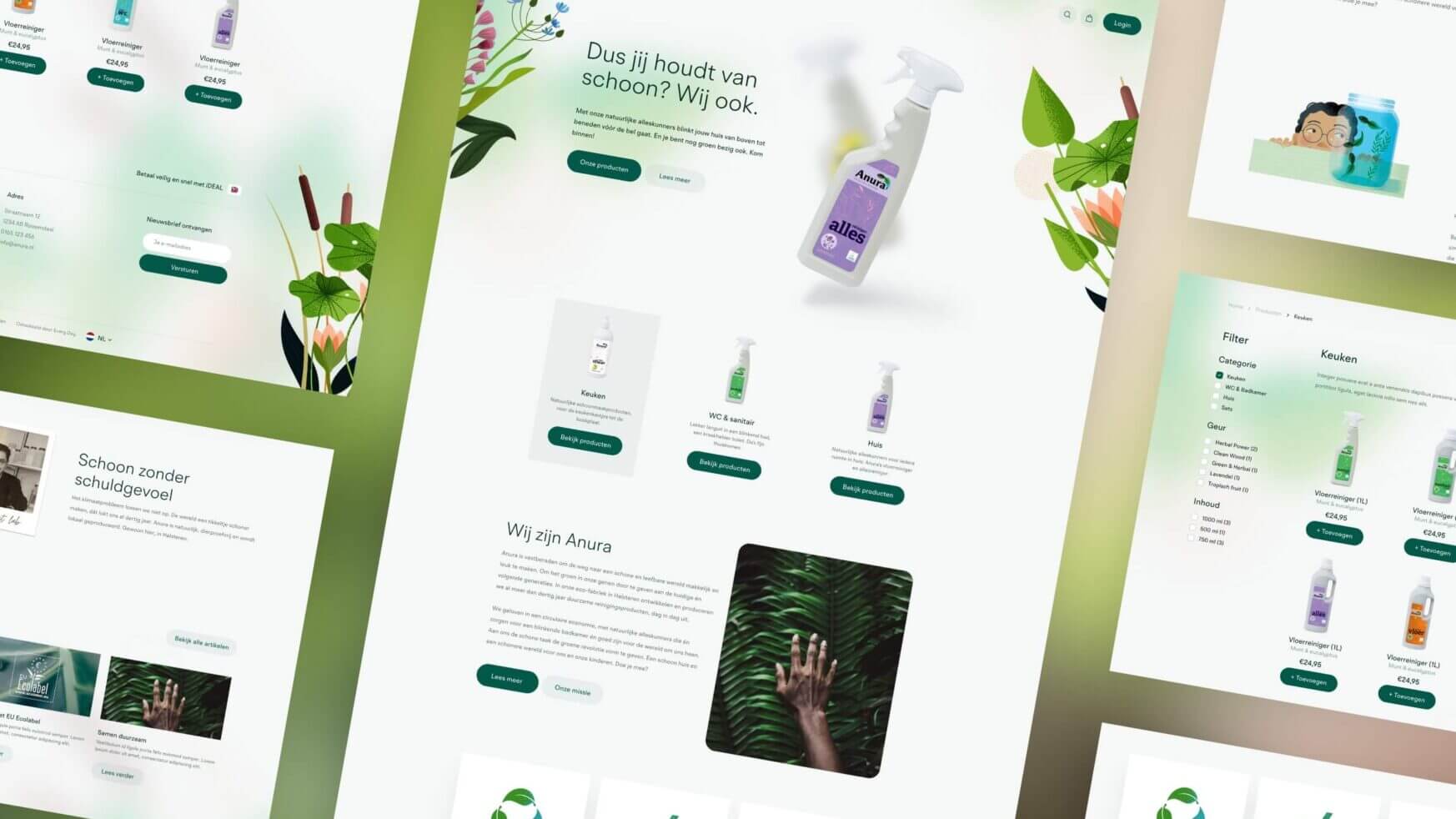 Milieuvriendelijke schoonmaakproducten gepresenteerd op een door de natuur geïnspireerde webpagina met levendige productafbeeldingen.
