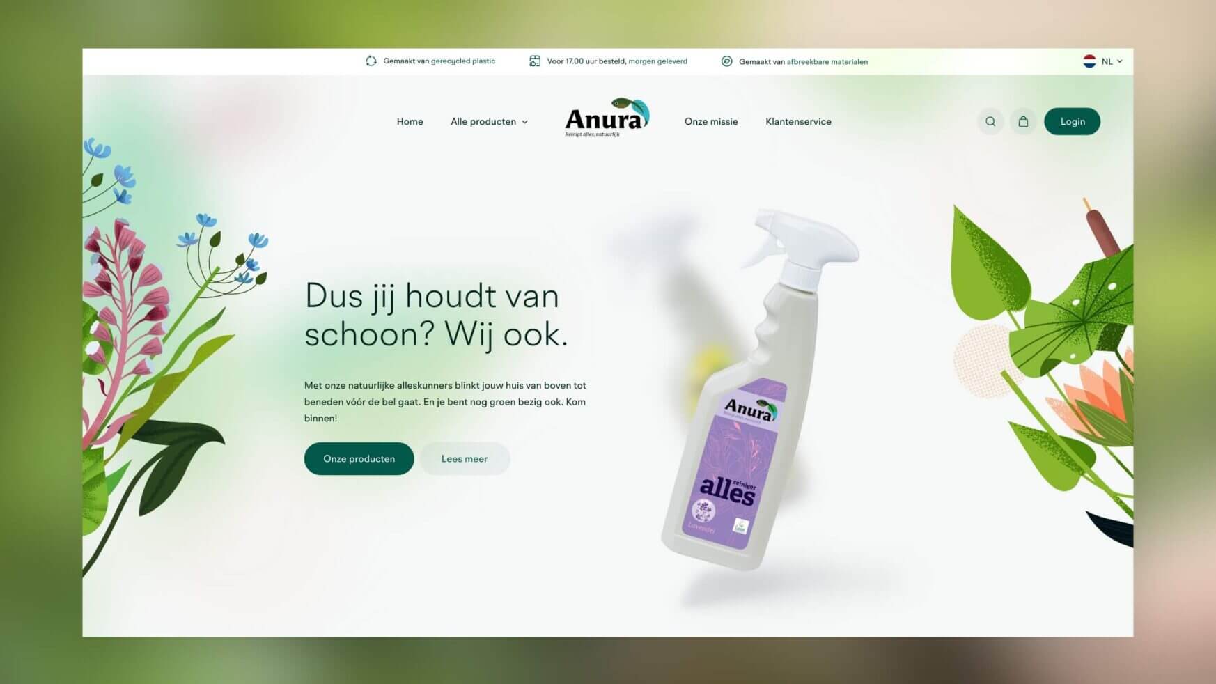 Op de website vindt u een spuitfles met schoonmaakmiddelen, bloemmotieven en Nederlandstalige informatie over schoonmaak- en productdetails.