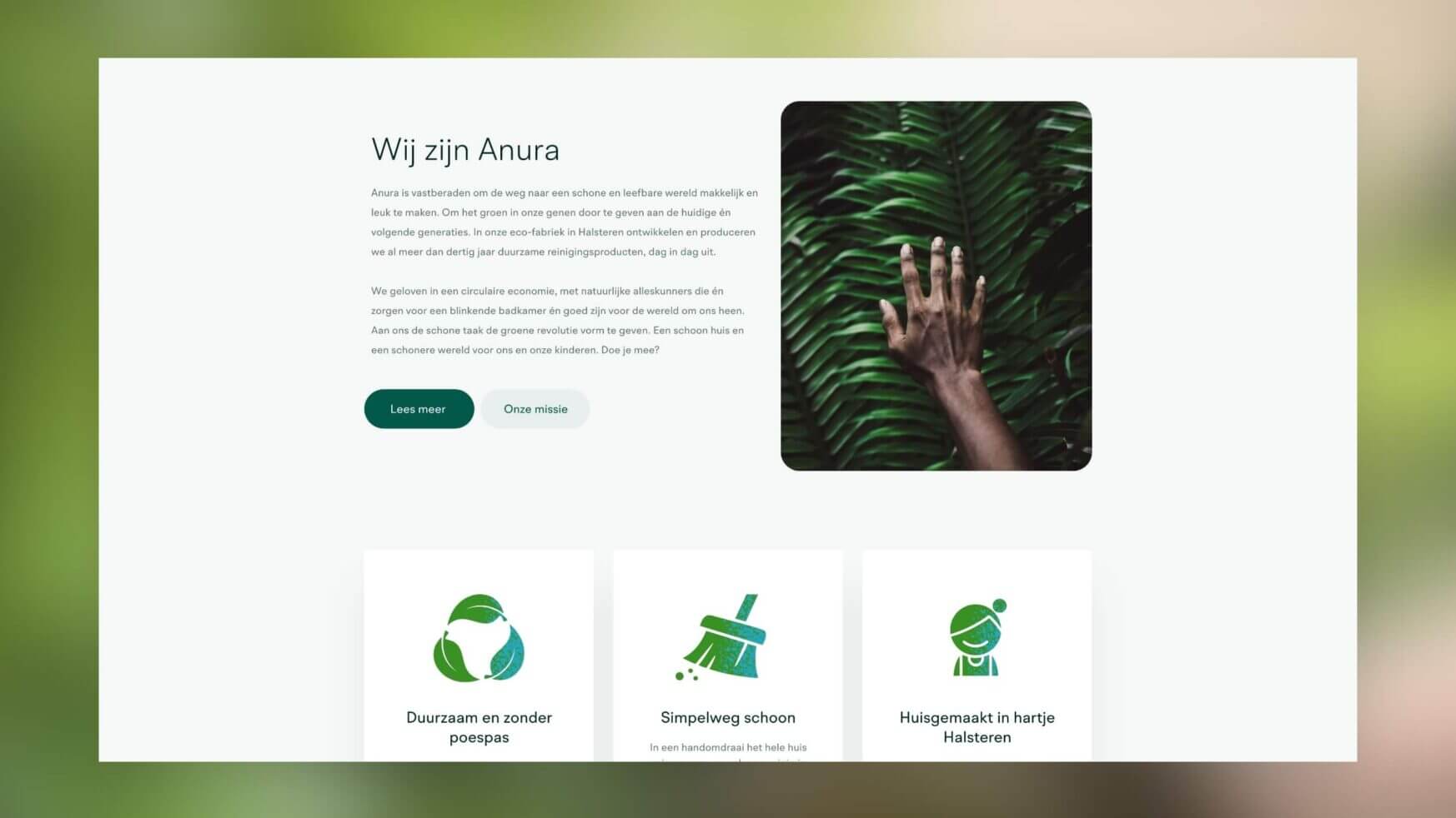 Ecologisch getinte site: tekst, hand op bladeren, duurzaamheidsiconen voor schoonmaak en zelfgemaakte producten.