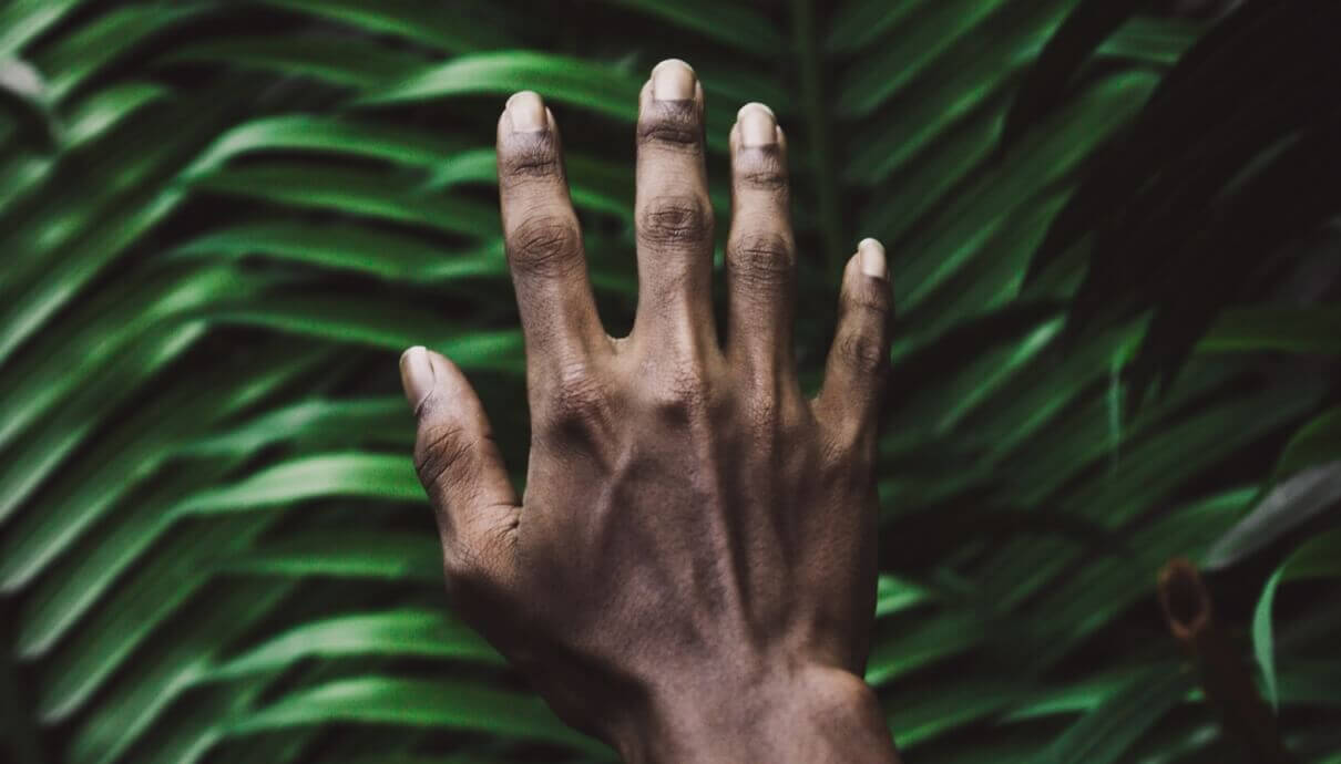 Een uitgespreide hand tegen de achtergrond van weelderige groene tropische bladeren.