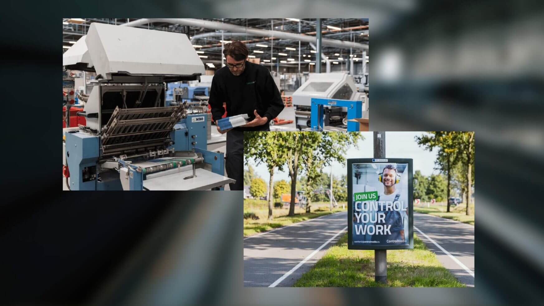 Fabrieksarbeider bij een machine; een verkeersbord met een persoon met de tekst: "SLUIT JE BIJ ONS AAN, CONTROLE OVER JE WERK.