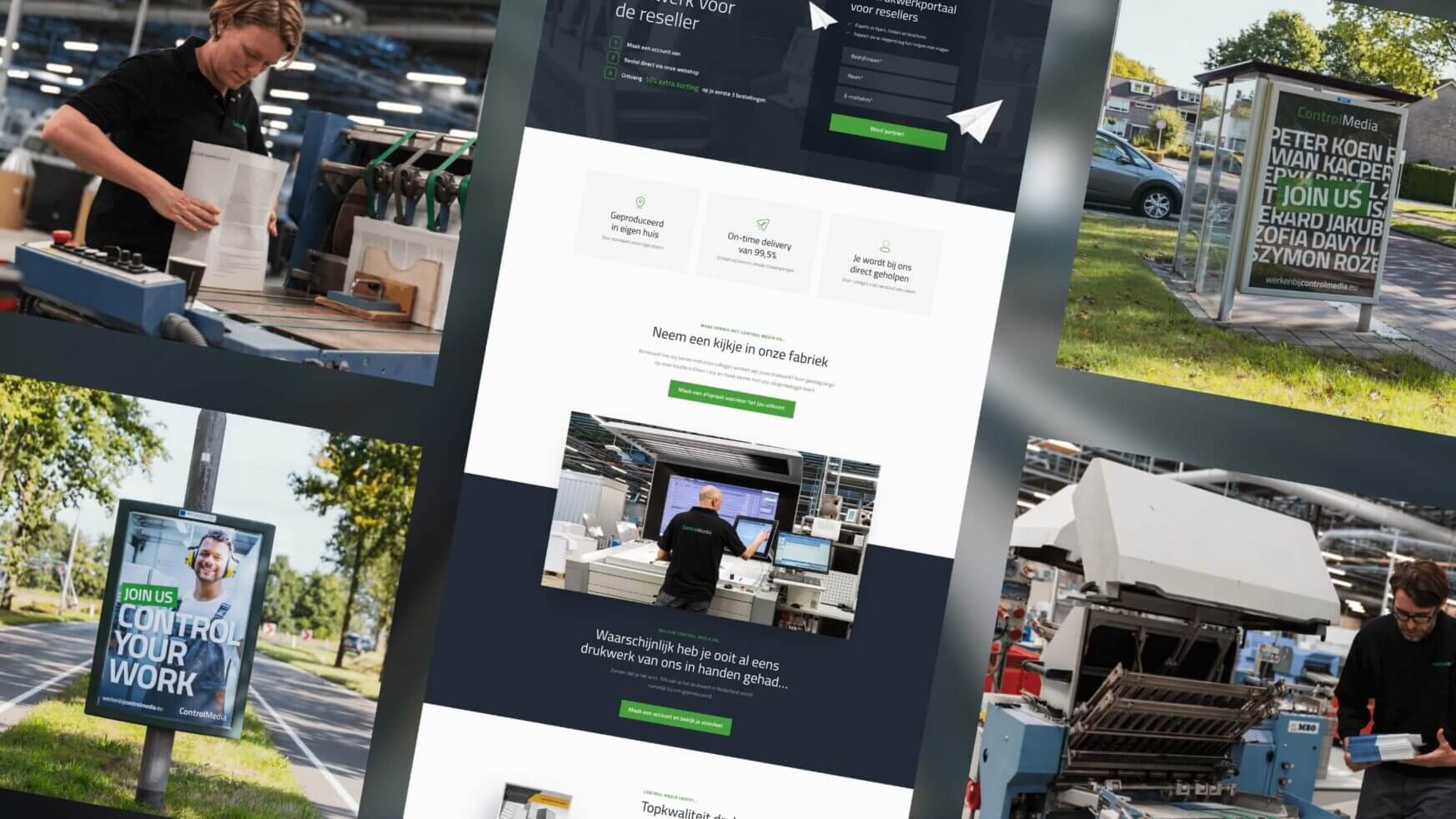 Collage van fabrieken, web-UI en straatadvertenties: nadruk op machines en bewegwijzering.