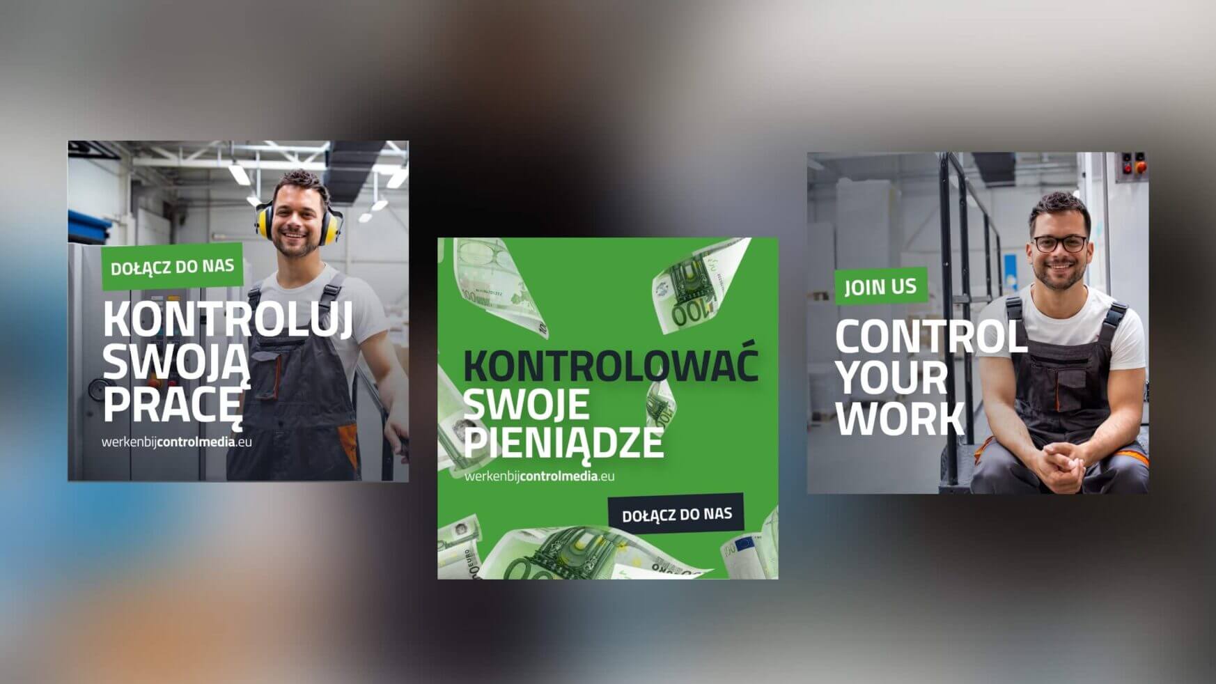 3 wervingsadvertenties: lachende werknemers, geldafbeeldingen, veelbelovende kansen.