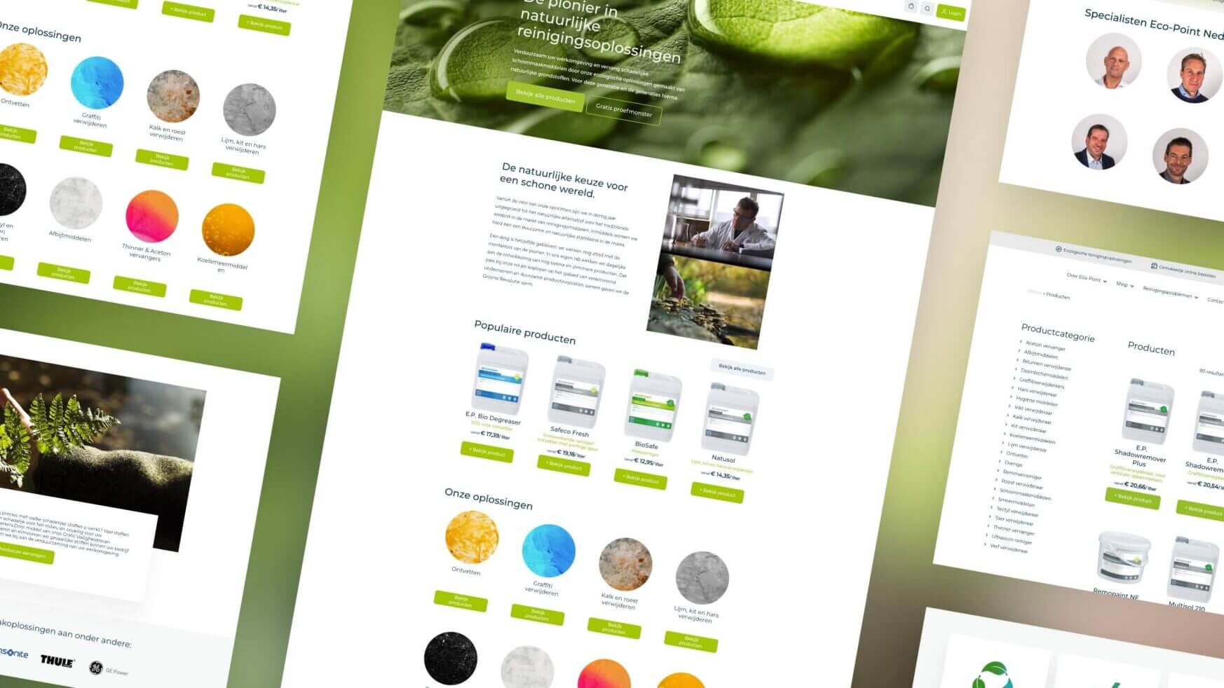 Websitescreenshots tonen schoonmaakoplossingen, producten en het team, allemaal in een strak, groen thema.