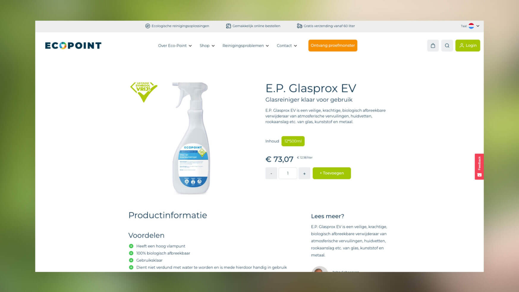 Ecopoint: Ecologische reinigingsspray – € 75,07 met groen logo.