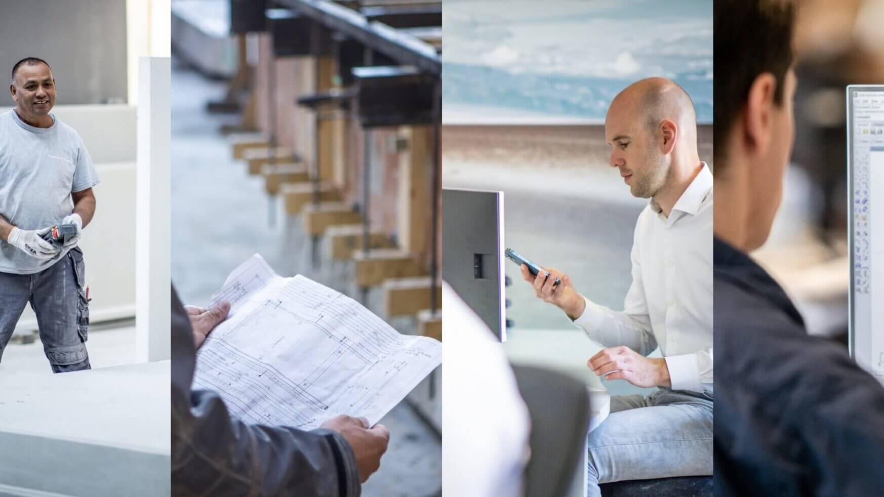 Collage: Gereedschapsman, blauwdrukhouder, oproepkracht en bureaumedewerker.