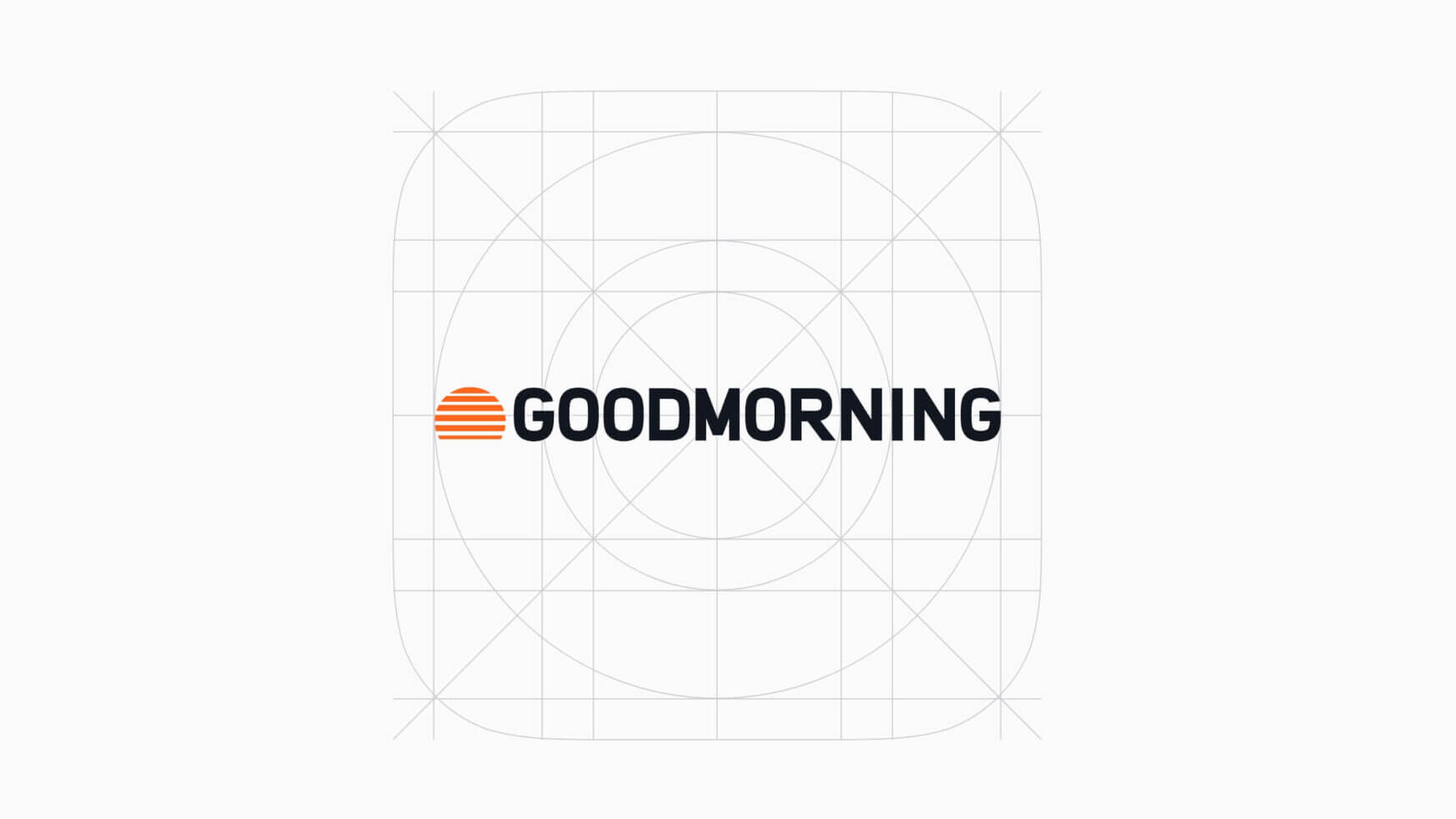 Logo: "GOODMORNING"-tekst met een oranje gestreepte zon op een rasterachtergrond.