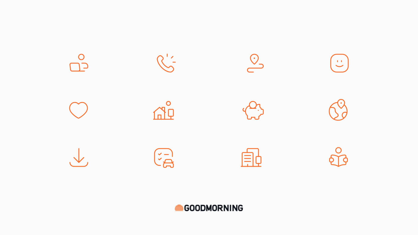 Twaalf minimalistische oranje iconen op wit, die communicatie- en reisthema's weergeven.