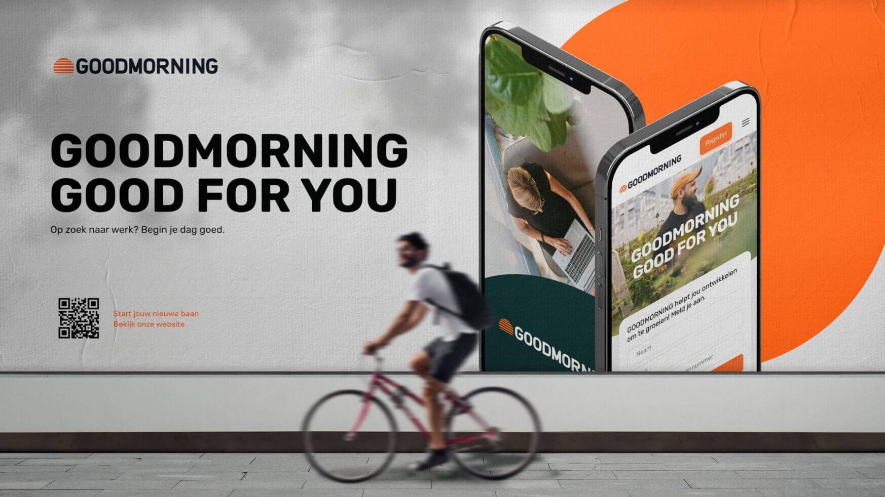 Fietser passeert reclamebord met "GOODMORNING GOOD FOR YOU" en telefoons met apps.