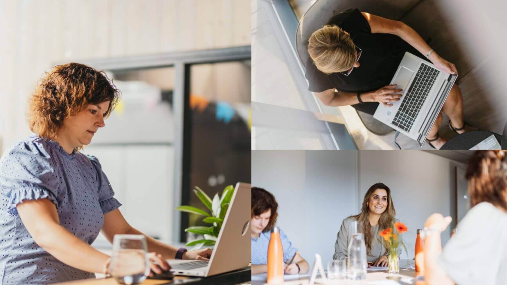 Collage van afbeeldingen: vrouw aan bureau, overheadfoto van laptop en groepsbijeenkomst.