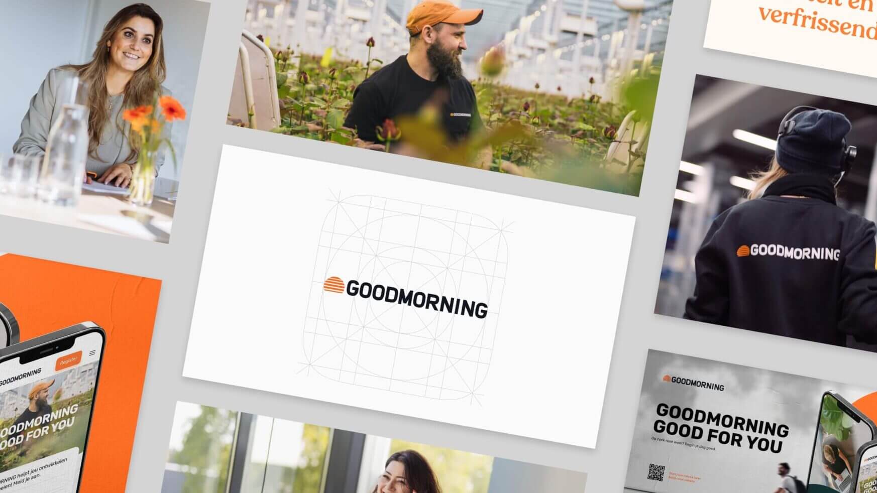 Goodmorning branding collage met mensen en promo's.