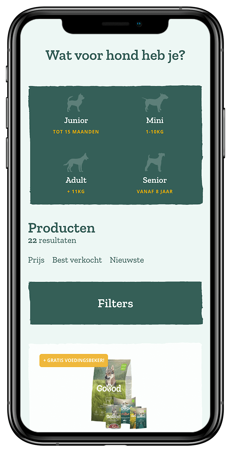 Website met dierenvoeding op mobiel: opties voor Junior-, Mini-, Adult- en Senior-hondenvoer.