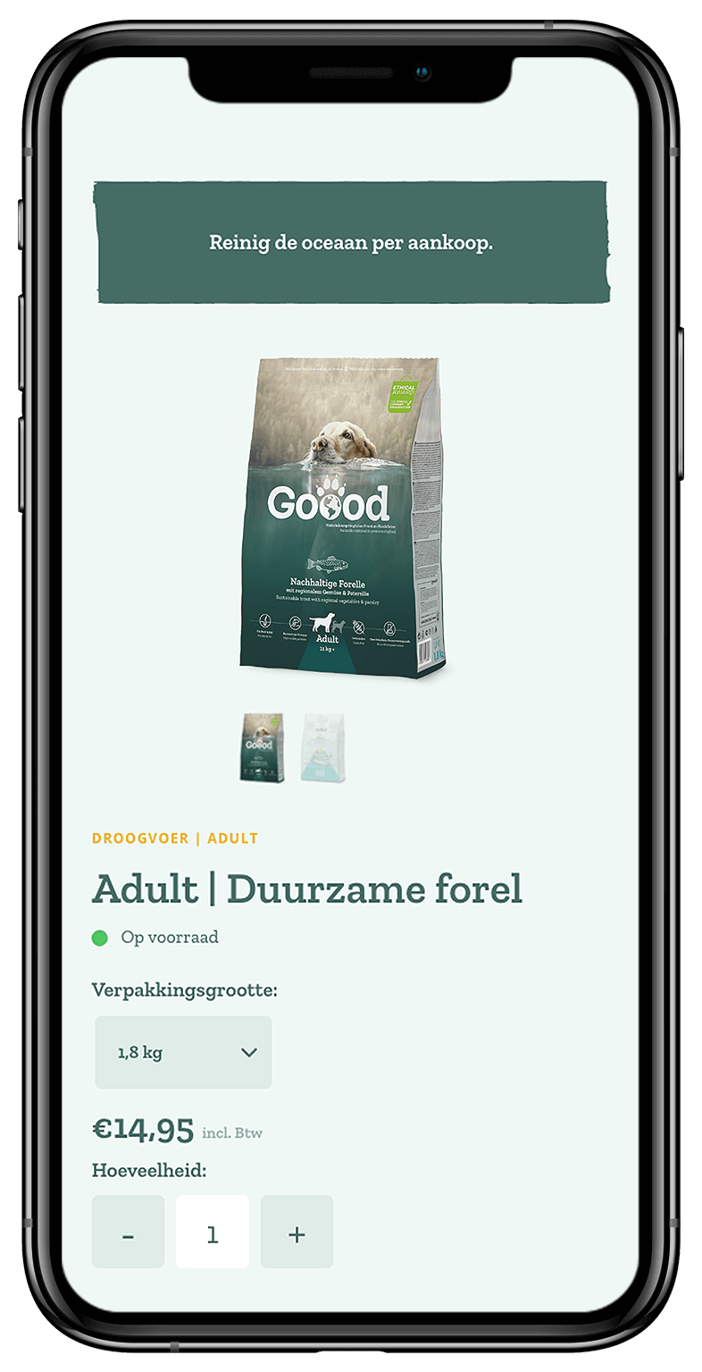 Pagina over dierenvoer op telefoonscherm: Duurzame forel-smaak.