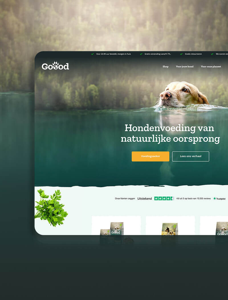 Een hond in het water presenteert Goodood natuurlijk hondenvoer op een website met een groen thema.