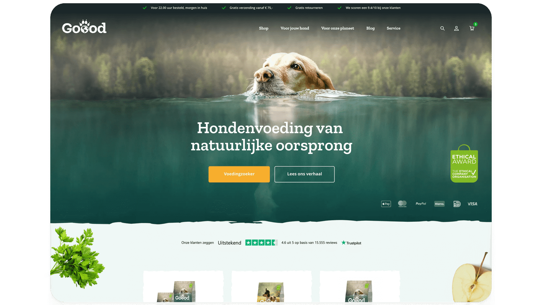 Nederlandse tekst met een hond die in een meer zwemt, met daaronder natuurlijke hondenvoedingsproducten.