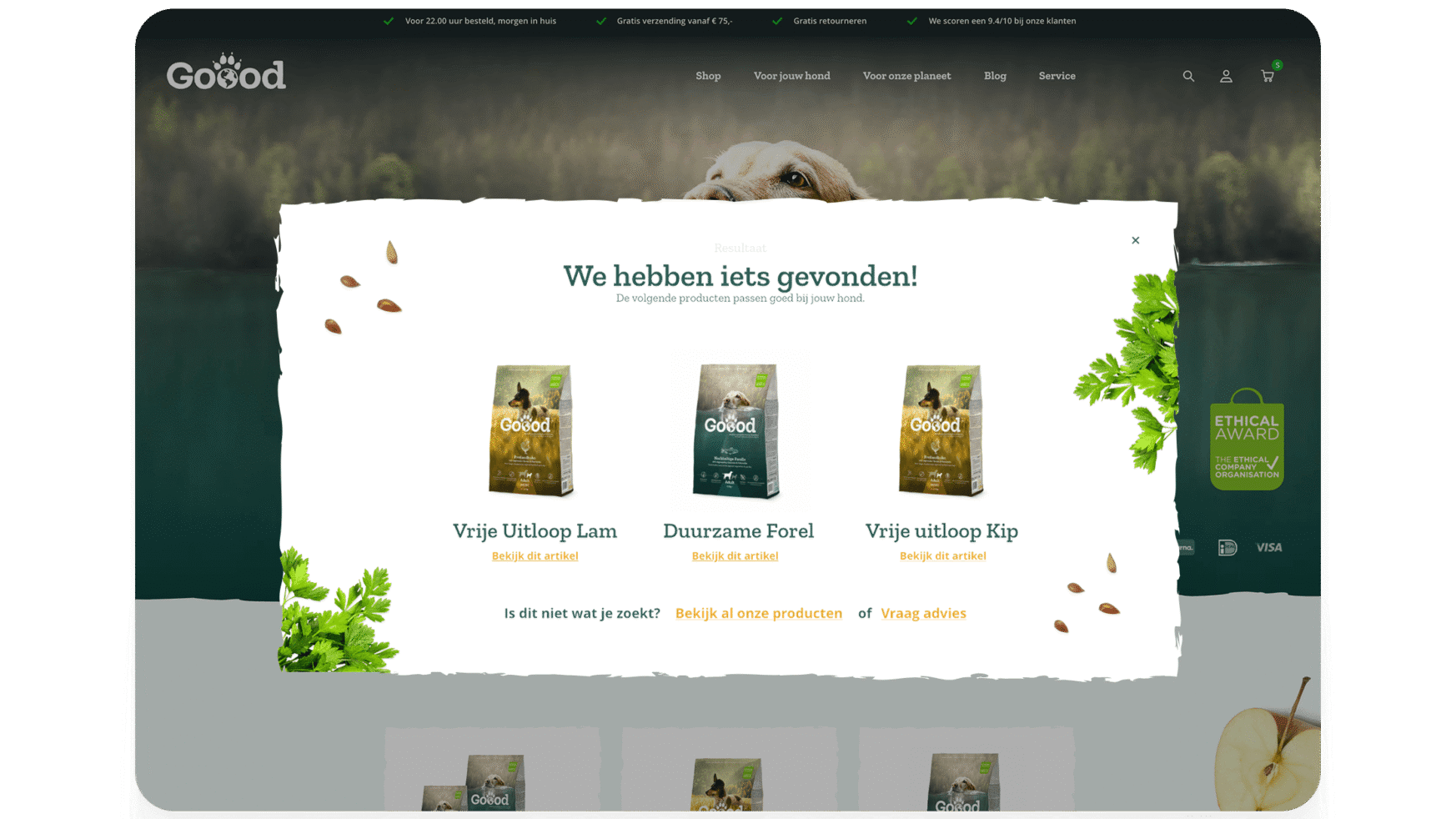 Keuze uit dierenvoer: Lam, Forel of Kip. 🐶.