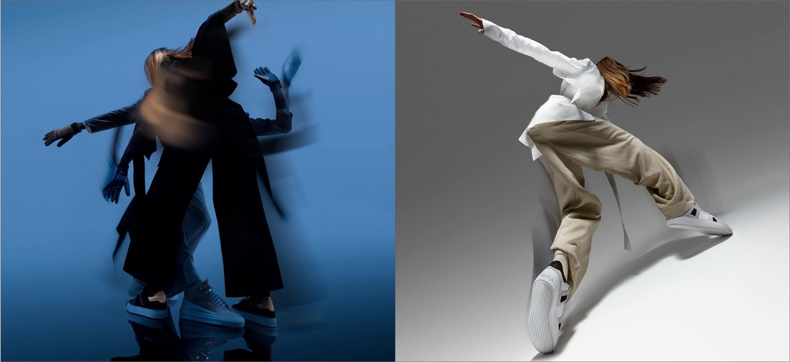 Dansers in beweging: links vaag zwart; rechts springt in een wit shirt en beige broek tegen een grijze achtergrond.