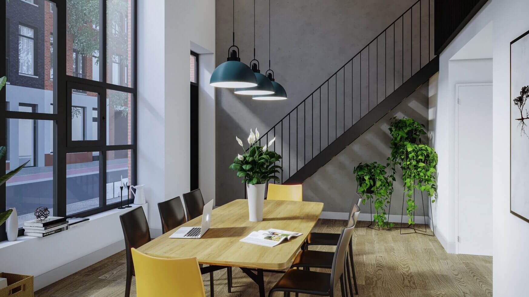 Lichte, moderne eethoek: houten tafel, stoelen, hanglampen, planten en een trap.