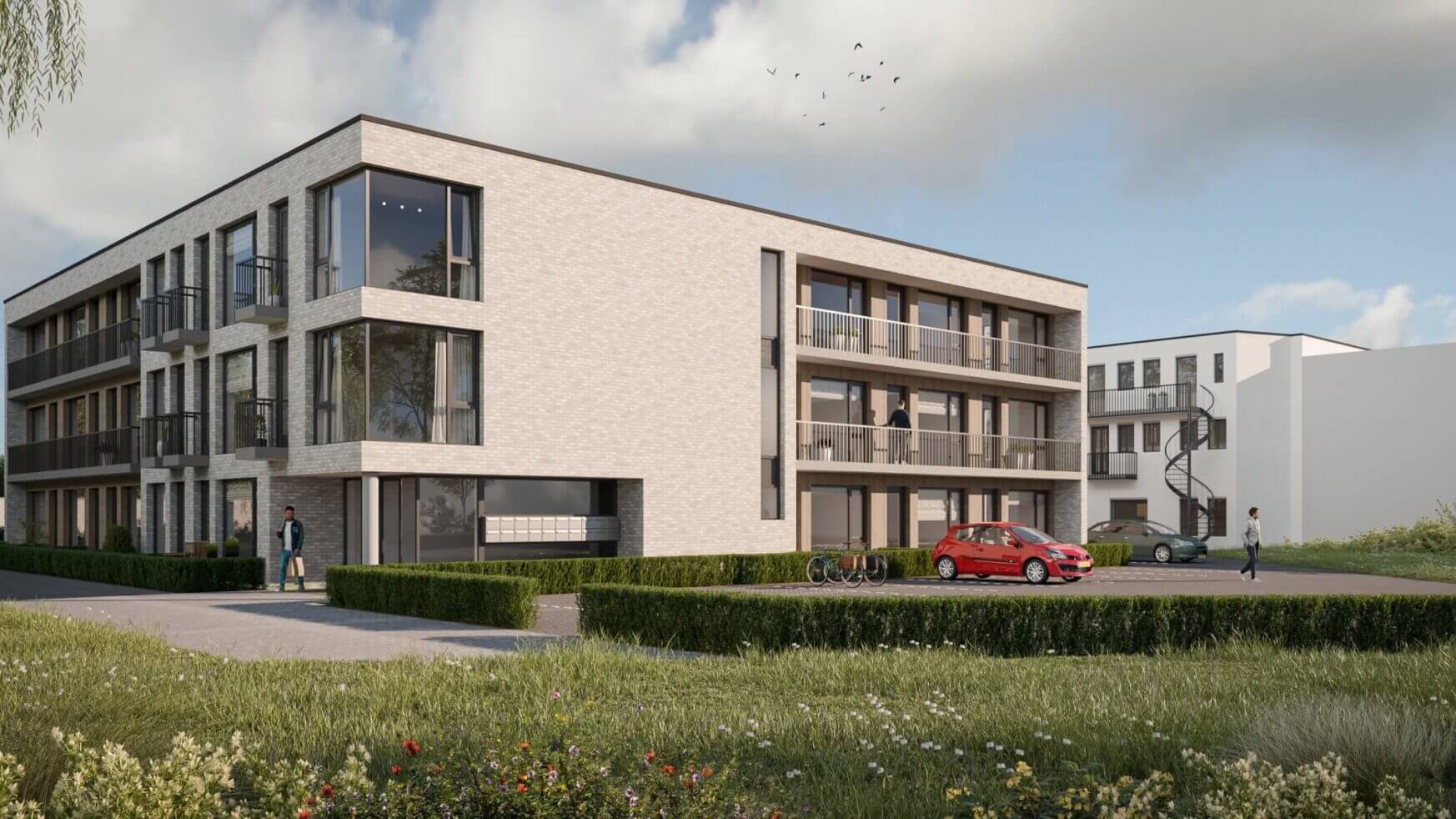 Chic appartement van drie verdiepingen met balkons, weelderig groen en een rode auto die vlakbij geparkeerd staat.