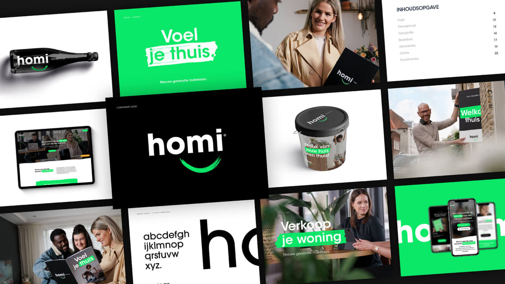 Collage van diverse mensen en een groen getinte branding, die Homi's levensstijl en productafbeeldingen laat zien.