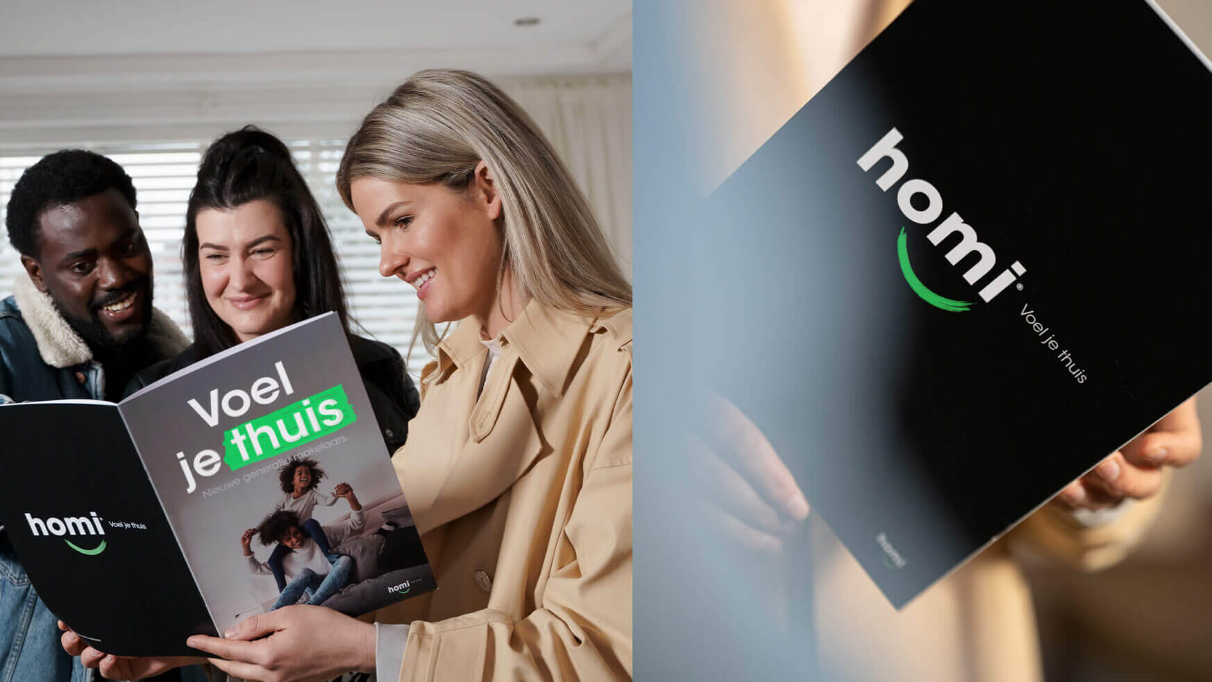 Drie mensen lachen terwijl ze een brochure van 'Homi' lezen met de slogan: 'Voel je thuis.'.