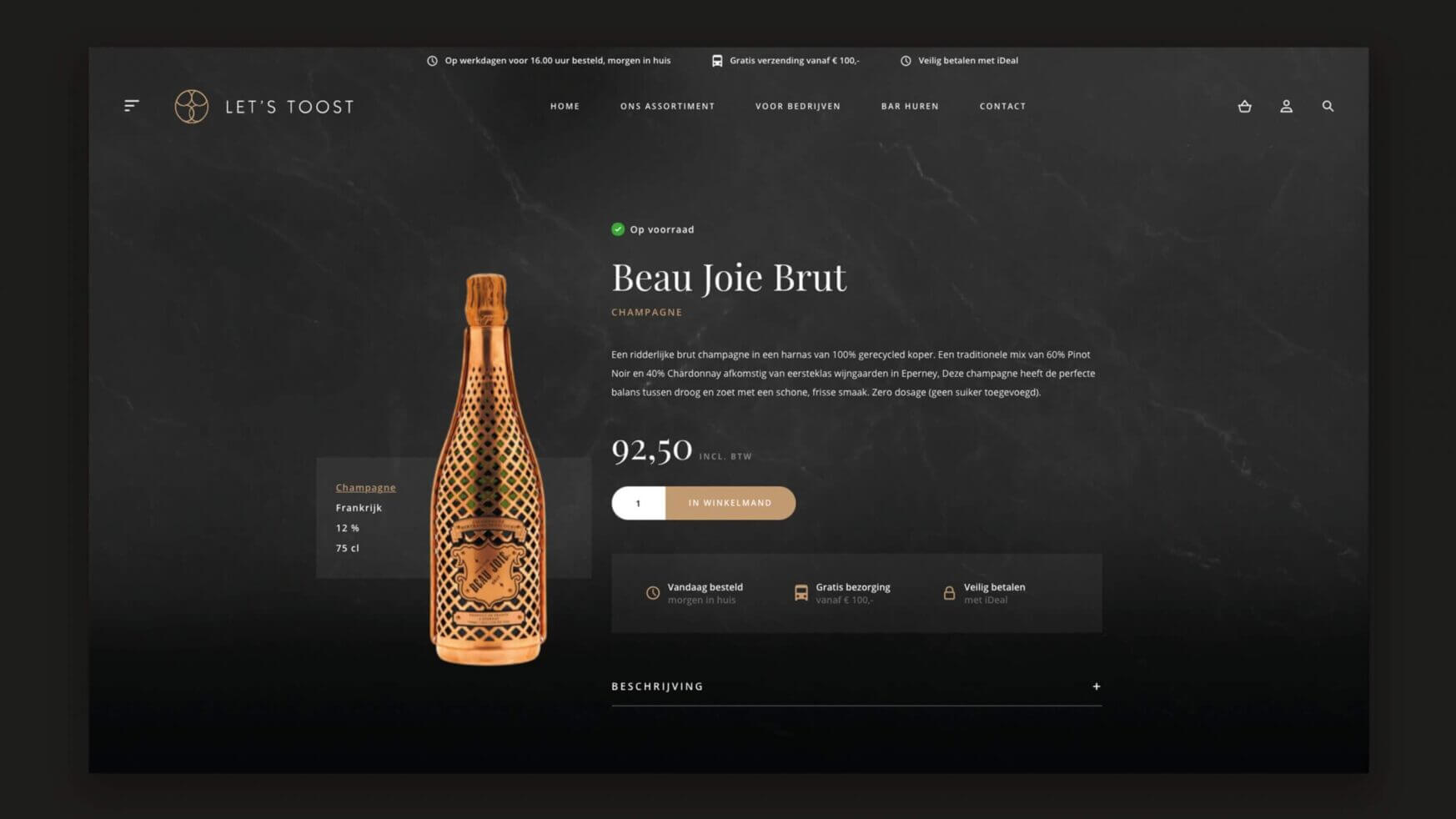 Webpagina met een donker thema en een fles champagne. Details en prijs: € 92,50.
